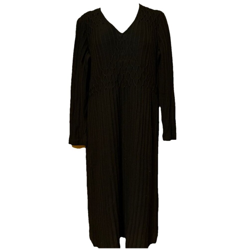 Vintage Kimberly Knitwear Dress Black Long Sleeve  V-Neck Designer Size 14‎